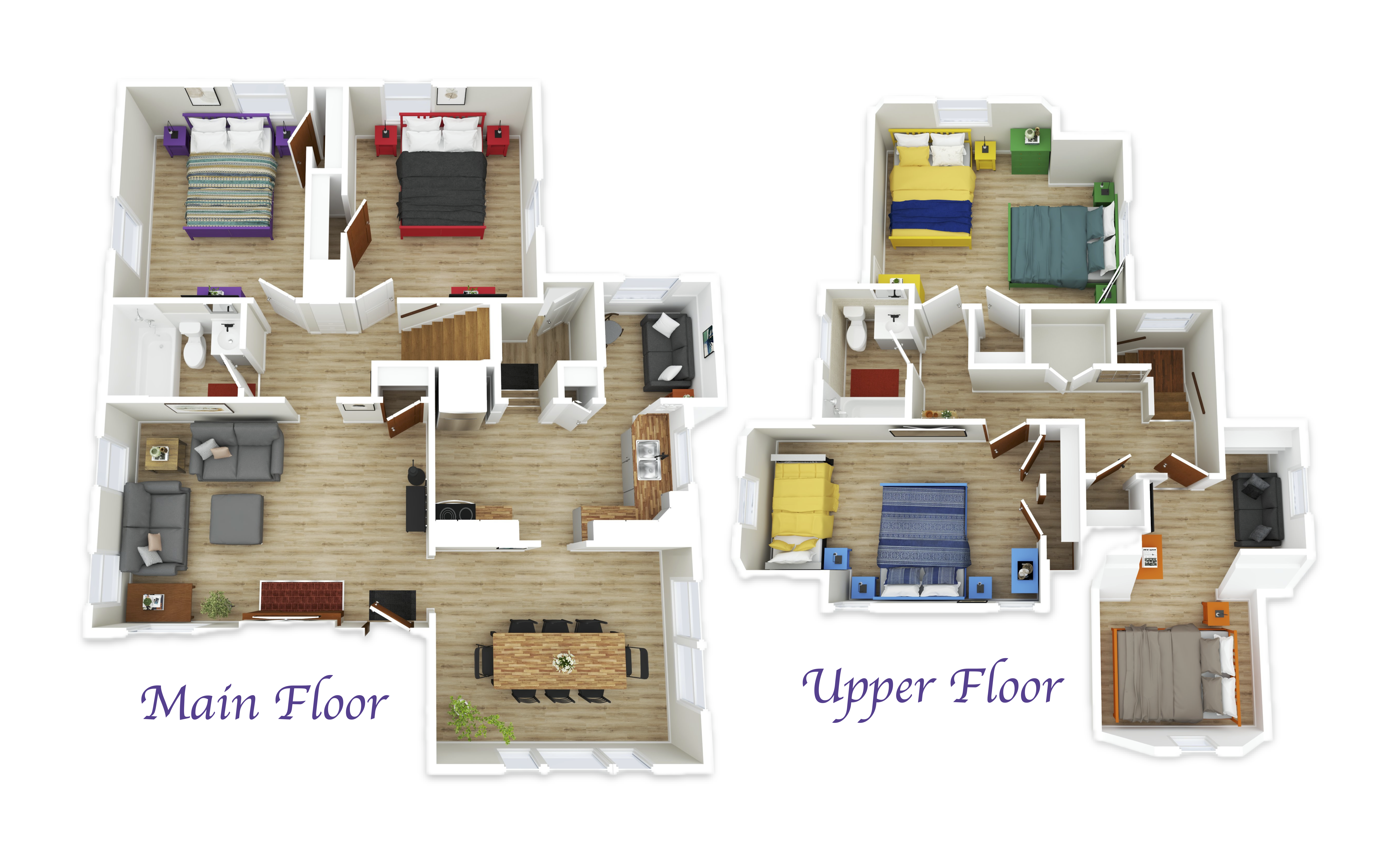 3D floor plan of The Land of Cleve — main floor and upper floor layout, Dayton OH