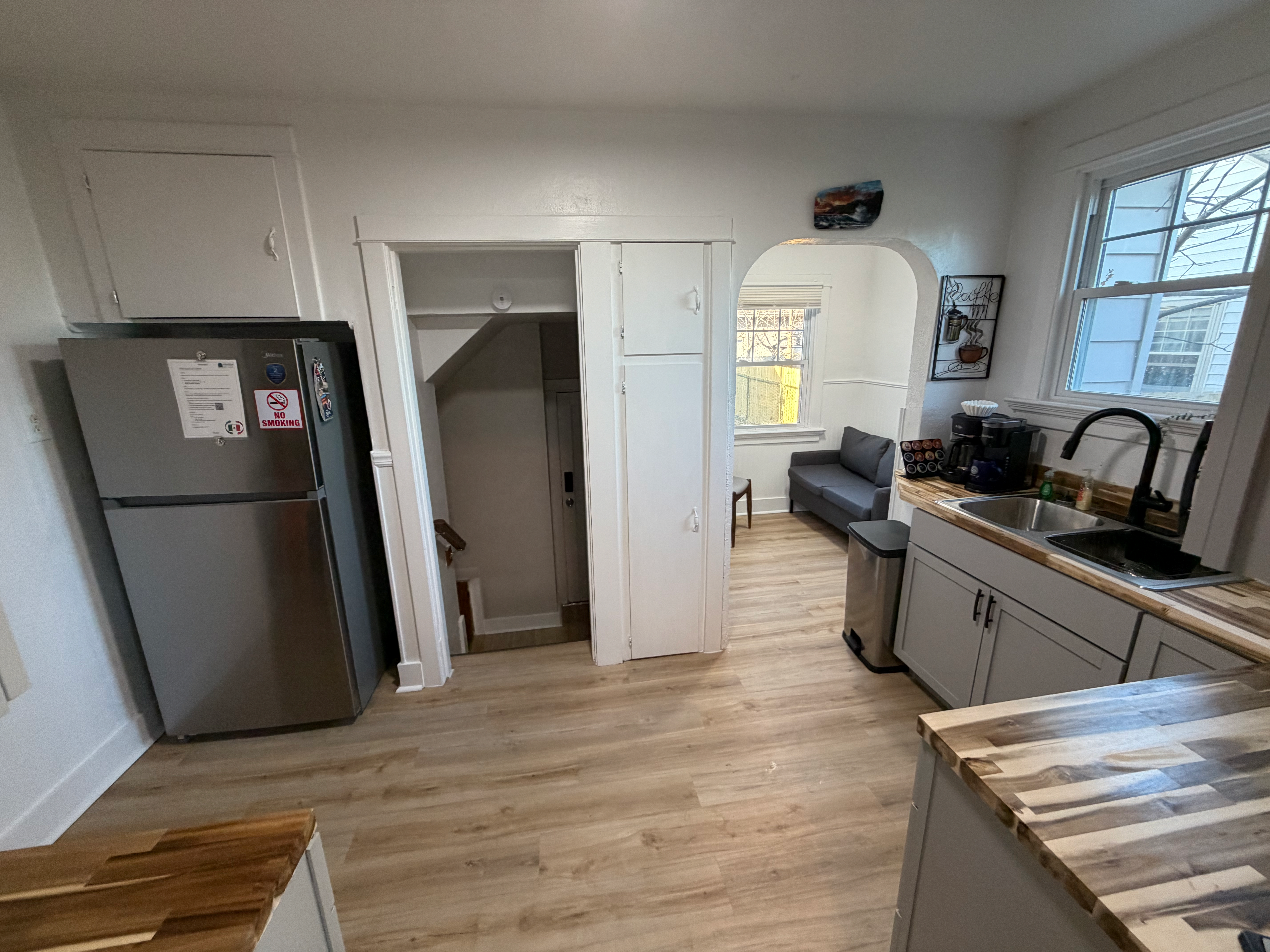 Full kitchen with butcher block countertops at The Land of Cleve, Dayton OH